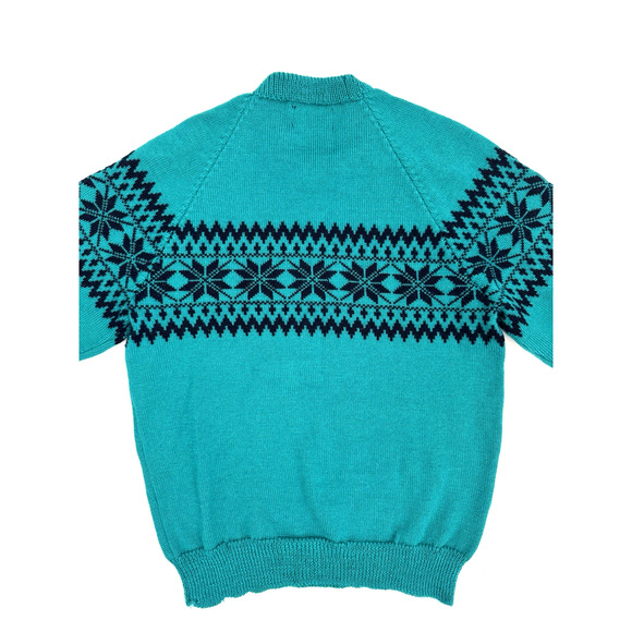 Moriarty Ski Sweater M Turquoise Blue Wool Handmade Vermont Snowflakes Fair Isle - Picture 3 of 9